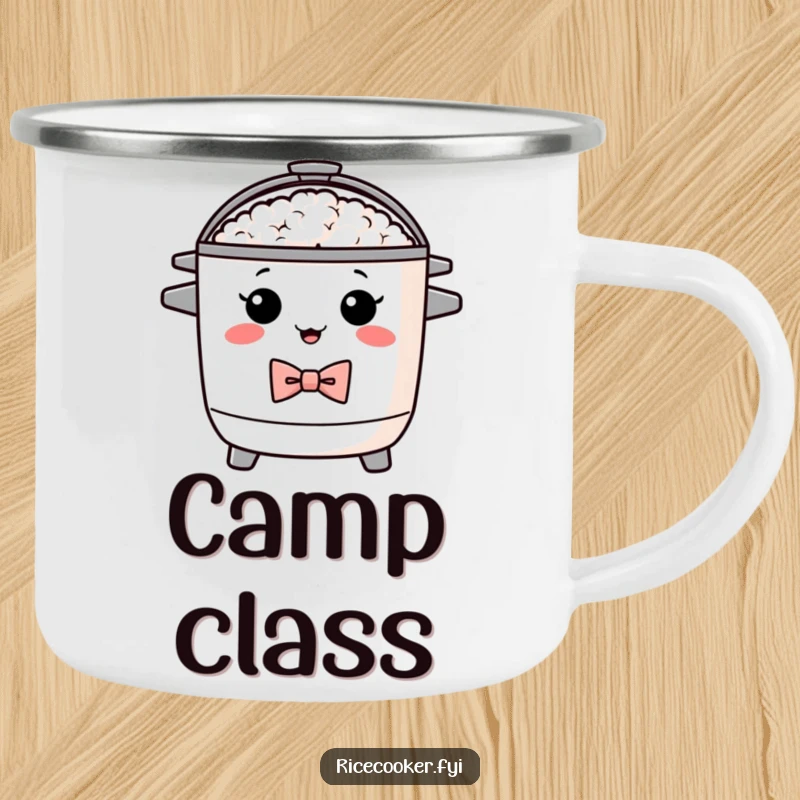 Funny camping mug displaying a proud rice cooker wearing a bow tie. Durable and humorous, a fantastic funny gift.