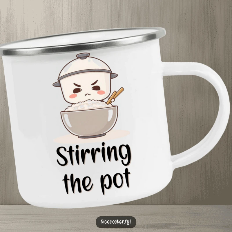 Funny enamel camping mug with a determined rice cooker stirring a giant bowl of rice, for outdoor enthusiasts.