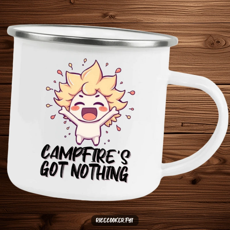 Funny camping mug featuring a character bursting with excitement, steam swirling, ideal for enjoying beverages during energetic outdoor activities.