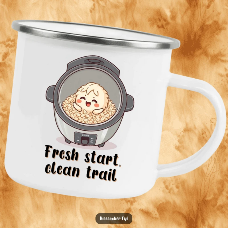 Funny giggling rice grain character rolling inside a clean rice cooker on a durable camping mug.