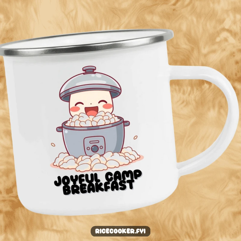 Funny camping mug with a delighted rice cooker joyfully spilling perfect fluffy rice, ideal for outdoor use and humorous enjoyment.