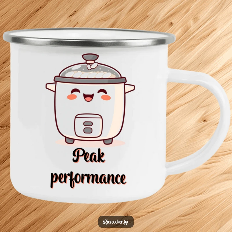Funny enamel camping mug featuring a laughing rice cooker with a tiny grain of rice balanced on its spout, for outdoor fun.