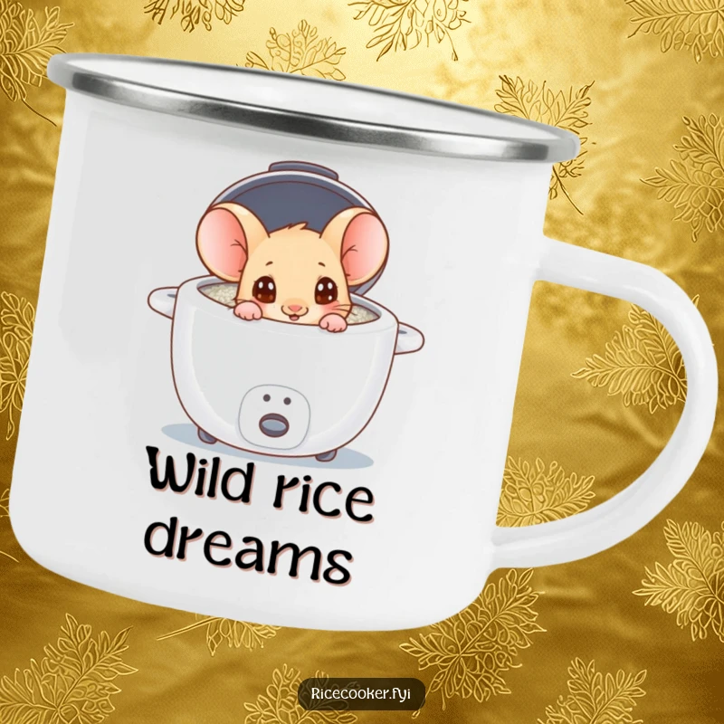 Funny mouse peeking into a rice cooker on a durable camping mug, ready for outdoor adventures.