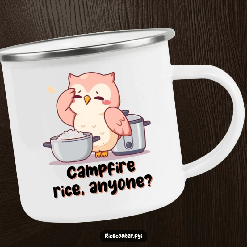 Funny owl camping mug showing a stressed owl next to a rice cooker, ideal for outdoor use with a humorous twist.