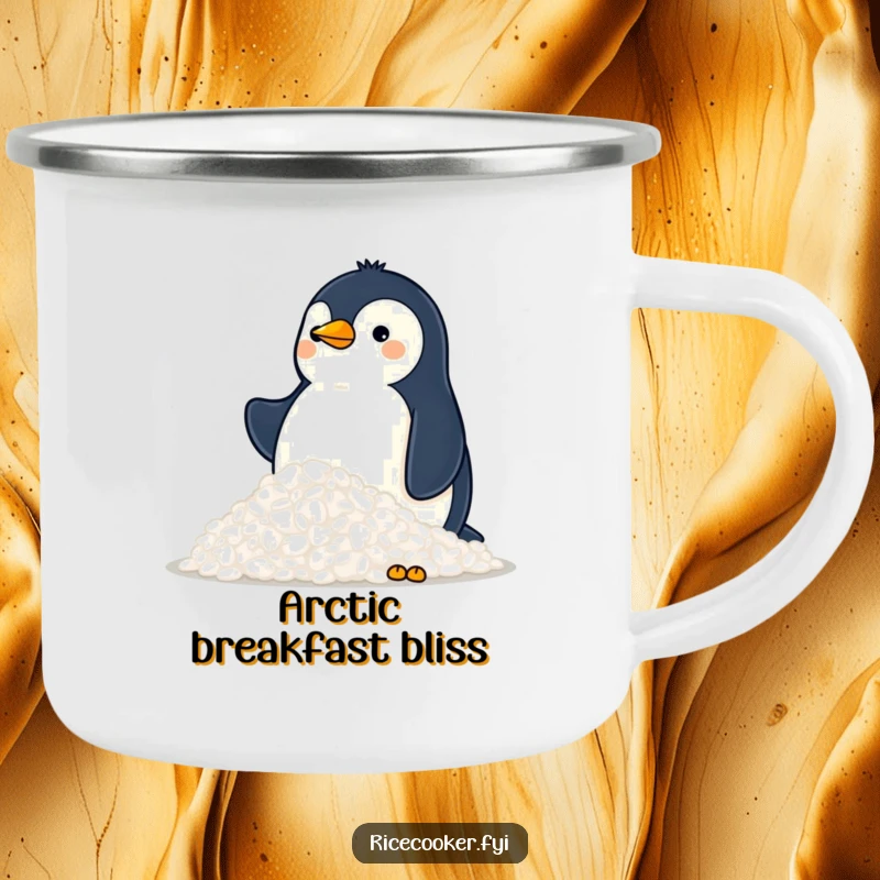 Funny camping mug with a proud penguin overlooking a mountain of rice, designed for outdoor lovers with a sense of humor.