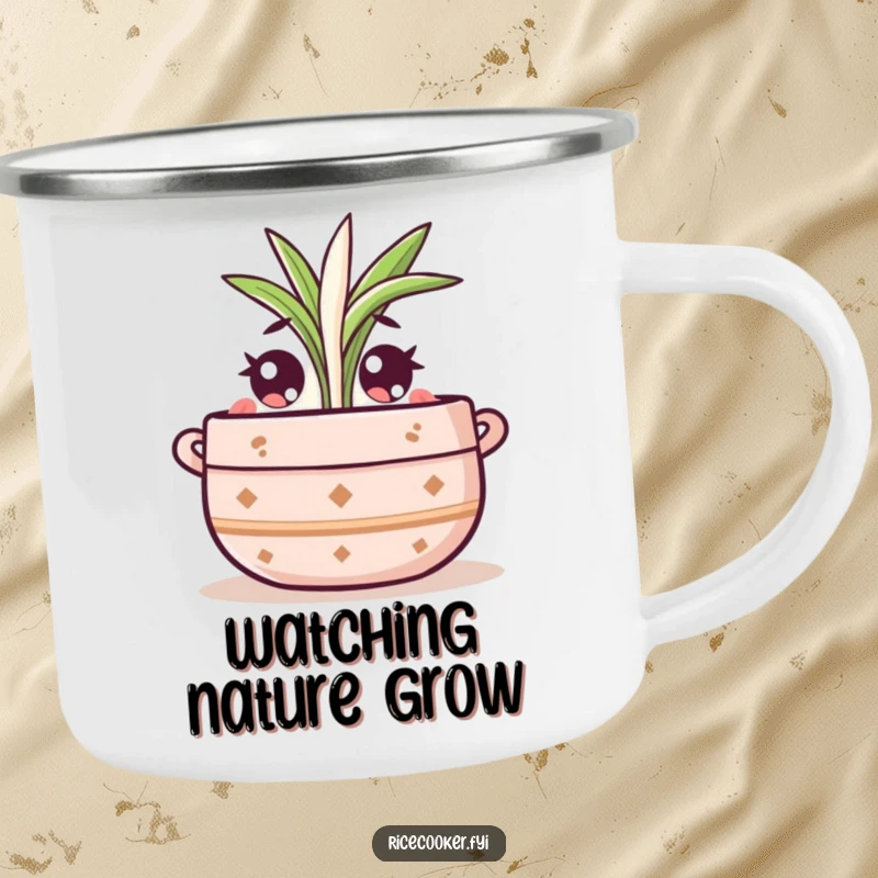 Funny camping mug with a cute pot character wide-eyed, watching a rice sprout, perfect for enjoying beverages outdoors.