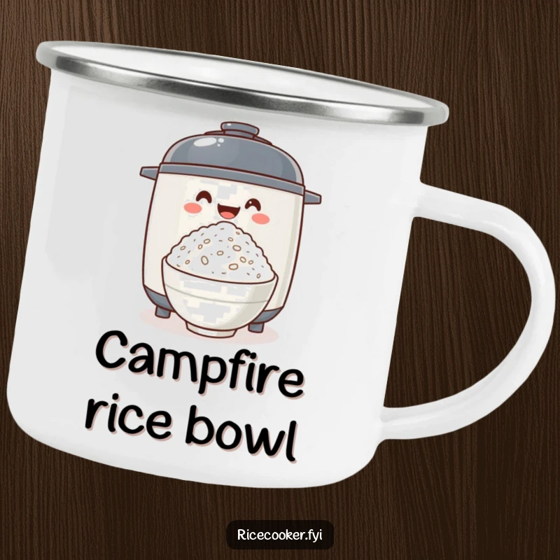Funny rice cooker excitedly offering fluffy rice, a camping mug perfect for enjoying beverages while dreaming of delicious meals.