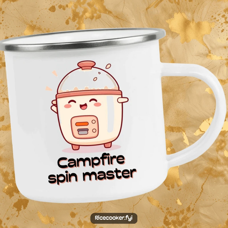 Funny rice cooker character spinning with joy on a durable camping mug, for outdoor enthusiasts.