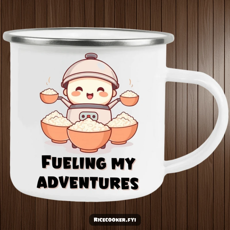 Funny rice cooker camping mug showing a tiny, smiling character in a comical juggling act with rice bowls, designed for outdoor fun.