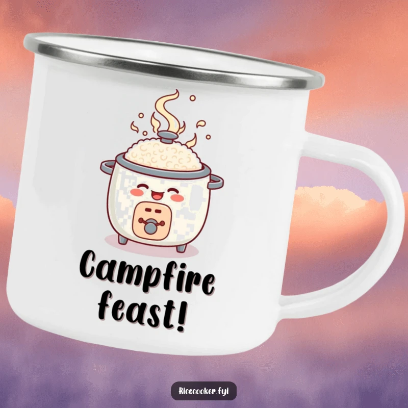 Funny rice cooker camping mug, round character popping open with steam, outdoor kitchenware gift.