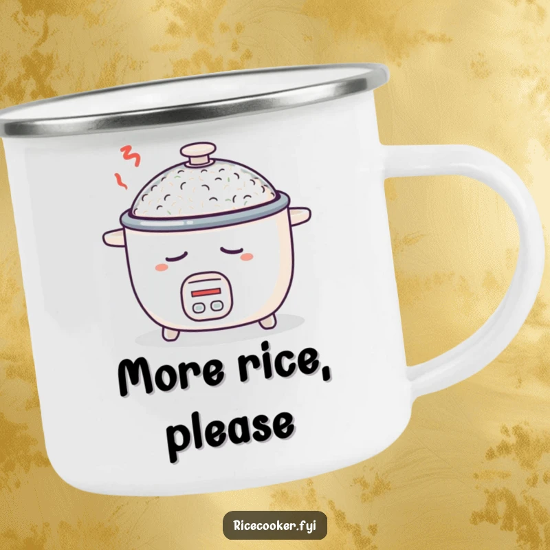 Funny enamel camping mug featuring a sleepy rice cooker, perfect for outdoor adventures and hot drinks.