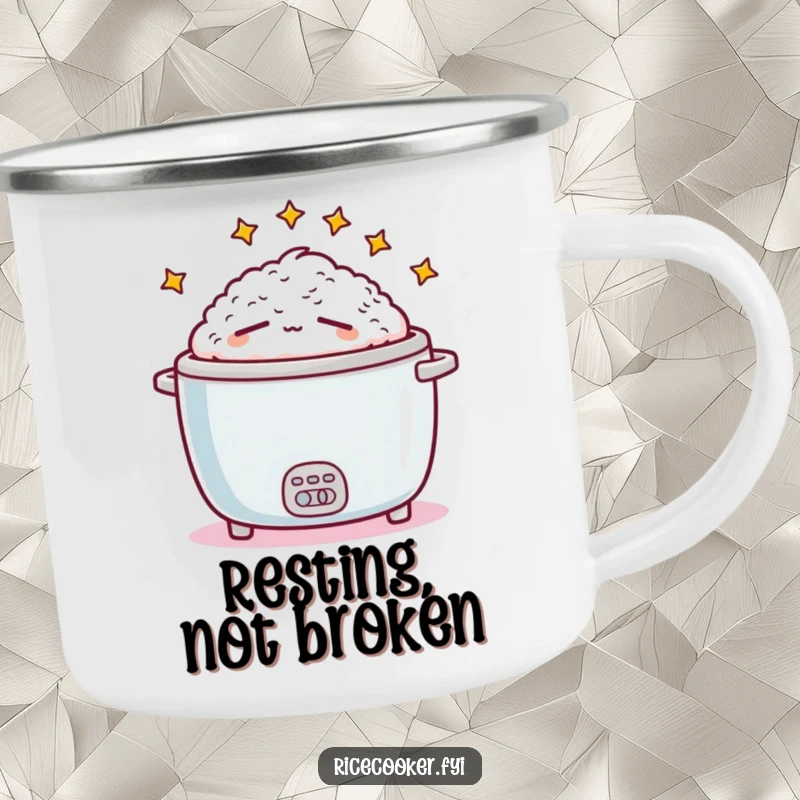 Funny sleepy rice cooker design on a rugged camping mug, perfect for enjoying beverages outdoors with a touch of sleepy humor.