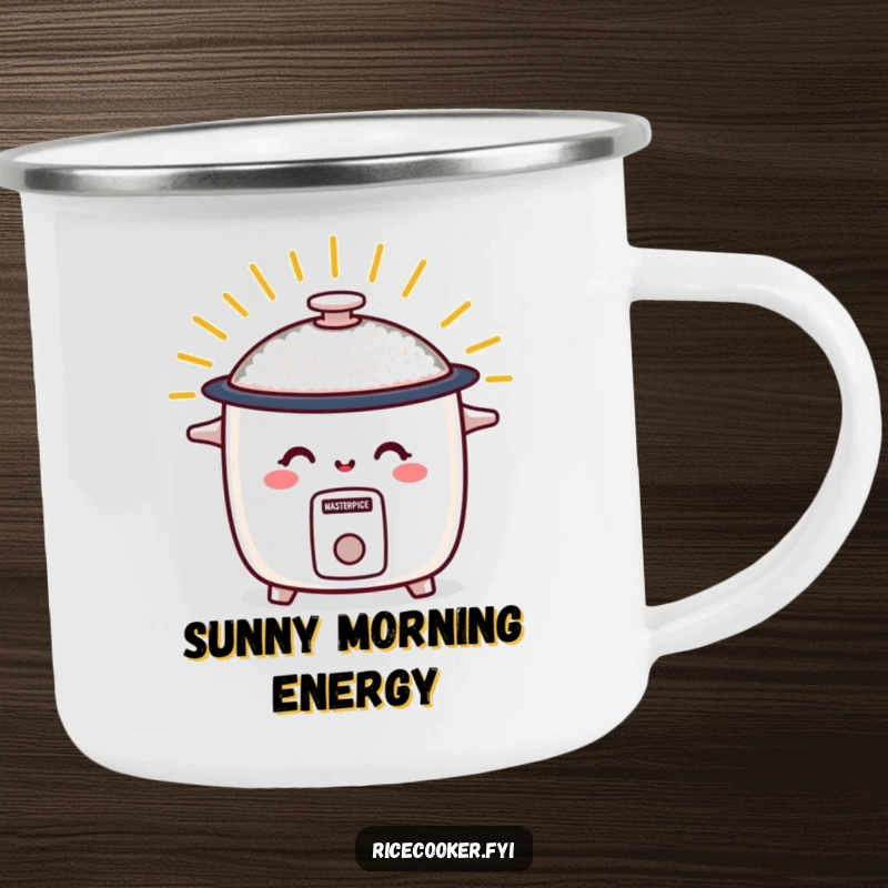 Funny camping mug with a smiling rice cooker radiating warm energy, ideal for outdoor use and humorous enjoyment.