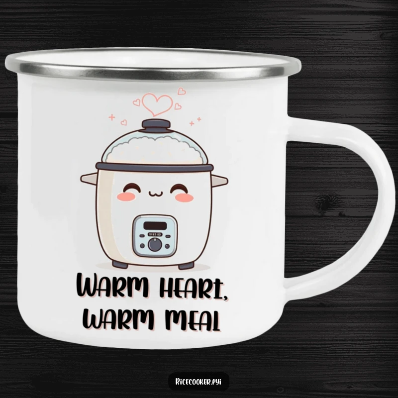 Funny camping mug of a smiling rice cooker, with steam forming a heart, in an outdoor setting.