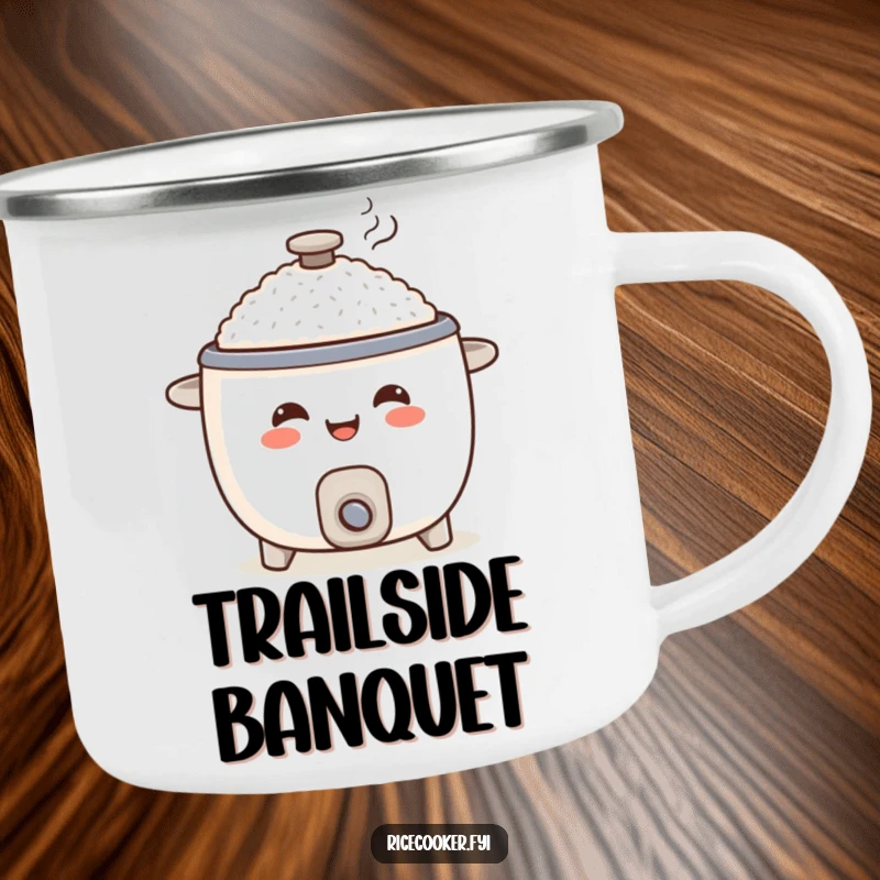 Funny rice cooker camping mug, smiling appliance character serving food, outdoor kitchenware gift.