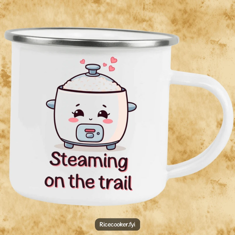 Funny rice cooker camping mug with a smiling cooker and heart steam, suitable for outdoor use.