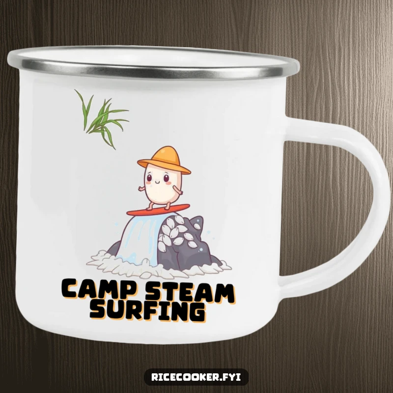 Funny enamel camping mug depicting a rice grain with a tiny hat surfing a steam waterfall, perfect for anime-loving campers.