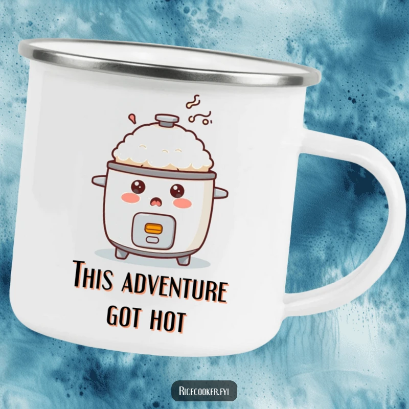 Funny surprised rice cooker camping mug with smoke, perfect for outdoor laughs and hot beverages.