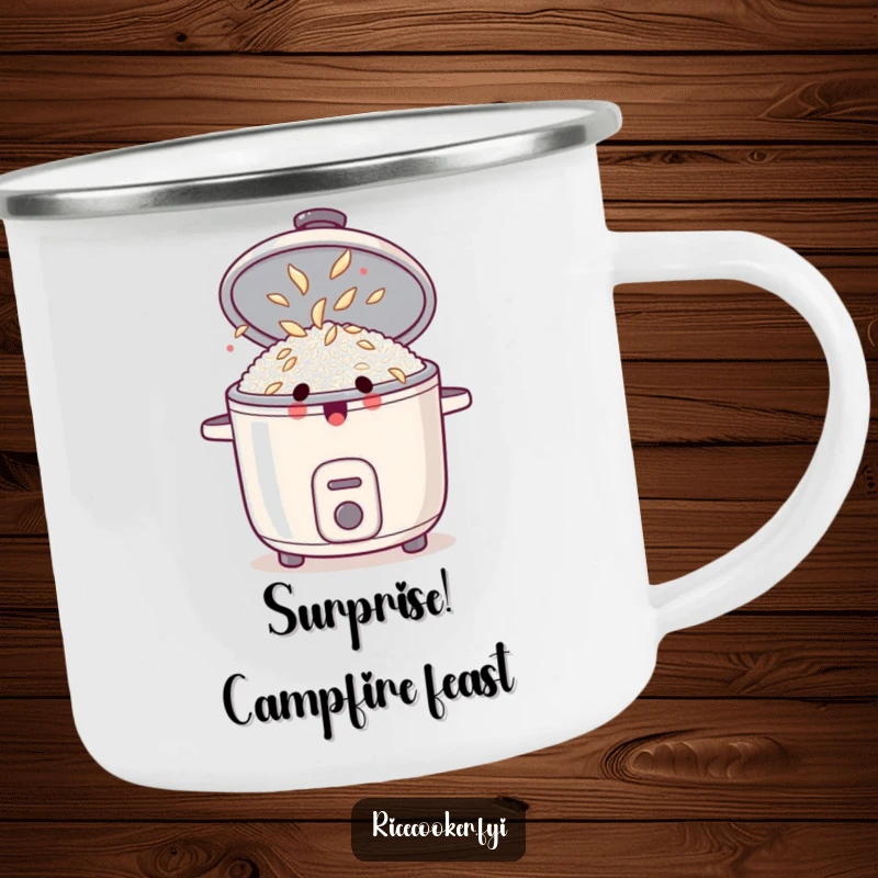 Funny camping mug with a surprised rice cooker, lid open, revealing dancing rice grains, perfect for outdoor trips and humor.