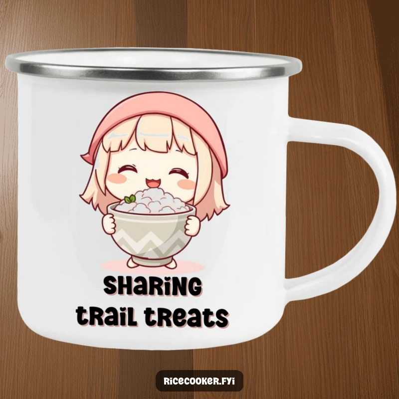 Funny camping mug with a character gently offering a warm bowl of rice with a kind smile, ideal for sharing comfort.