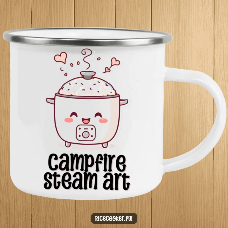 Funny whimsical steam camping mug with a smiling rice cooker whose steam forms magical shapes, designed for outdoor enchantment.