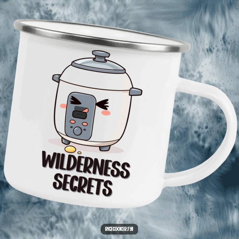 Funny camping mug displaying a mischievous rice cooker giving a sly wink, a grain nearby. Durable and humorous, a fantastic funny gift.