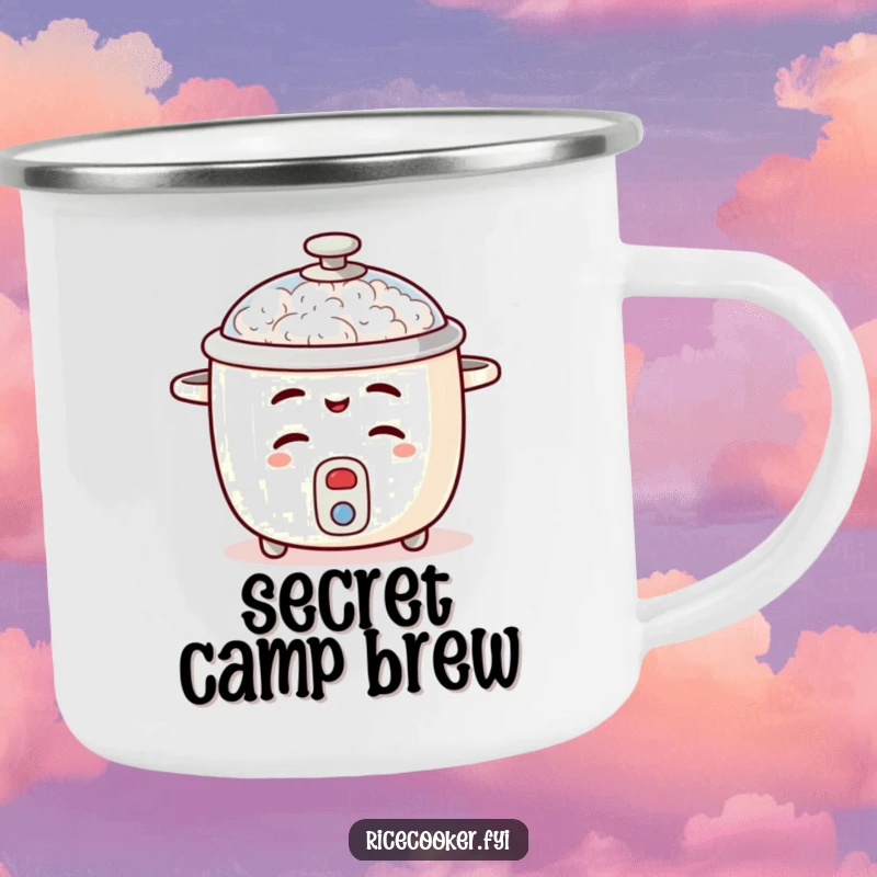 Funny rice cooker camping mug featuring a mischievous wink and a slightly open lid, for outdoor use.