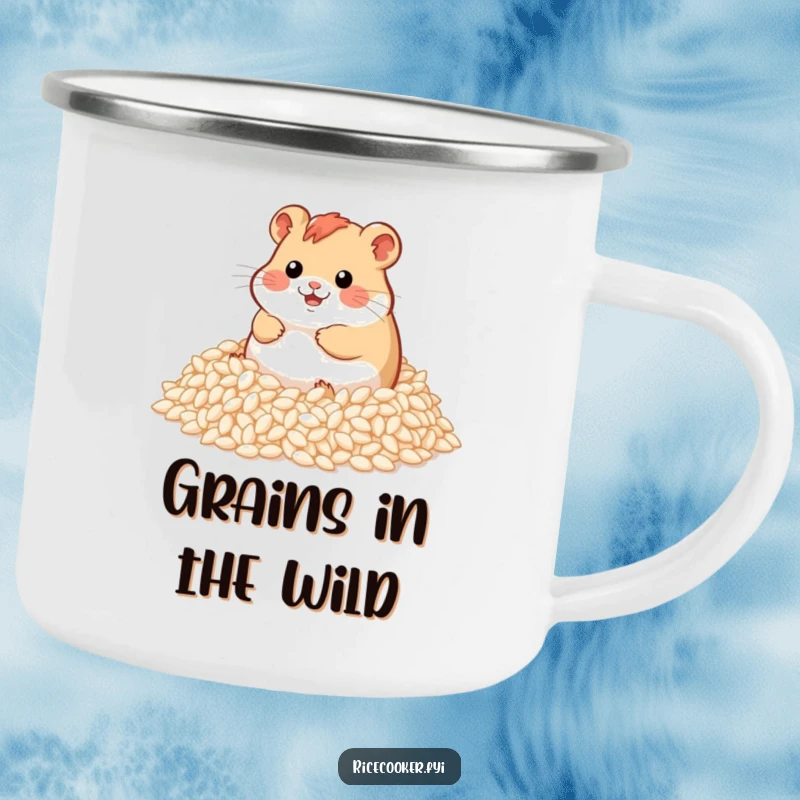 Funny camping mug featuring a delighted hamster rolling in a massive heap of fluffy rice grains, ready for an outdoor meal.