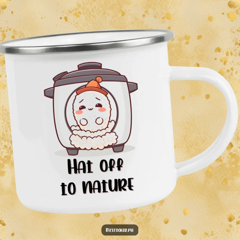Funny confused rice grain camping mug with a grain wearing a hat rolling out of a rice cooker, designed for curious campers.
