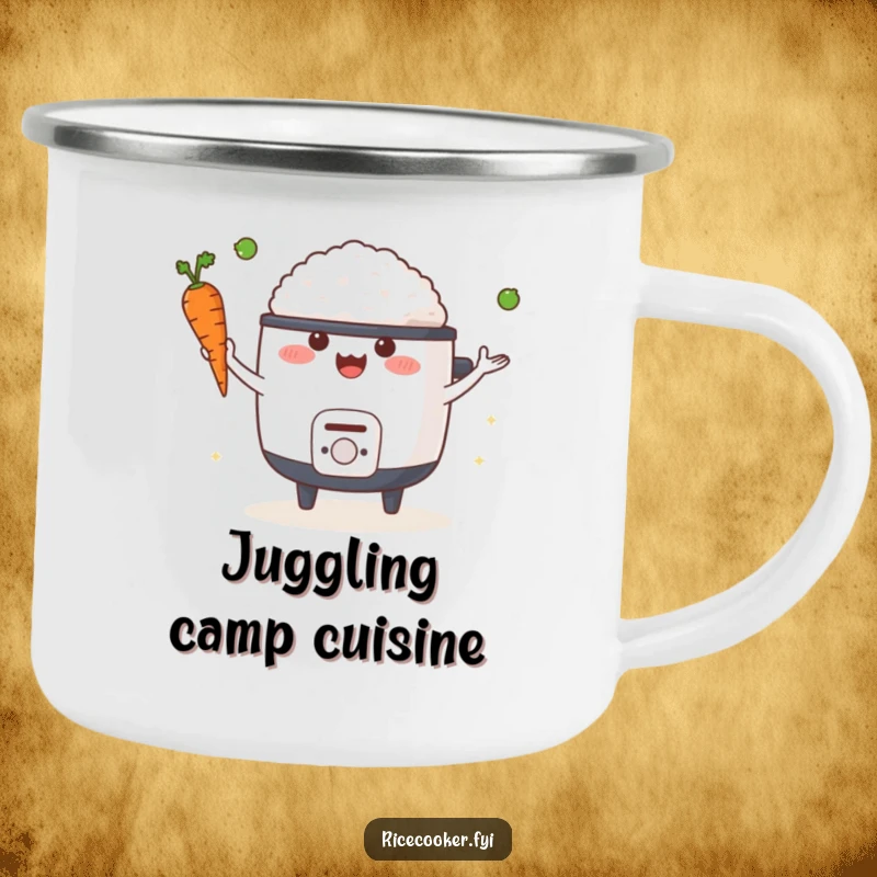 Funny camping mug with a happy rice cooker juggling a carrot and a pea, perfect for outdoor meals and humor.