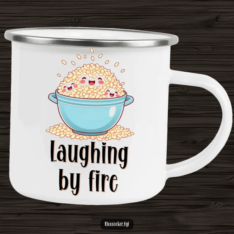 Funny overflowing rice camping mug with a pot of laughing rice grains spilling out, designed for cheerful outdoor moments.