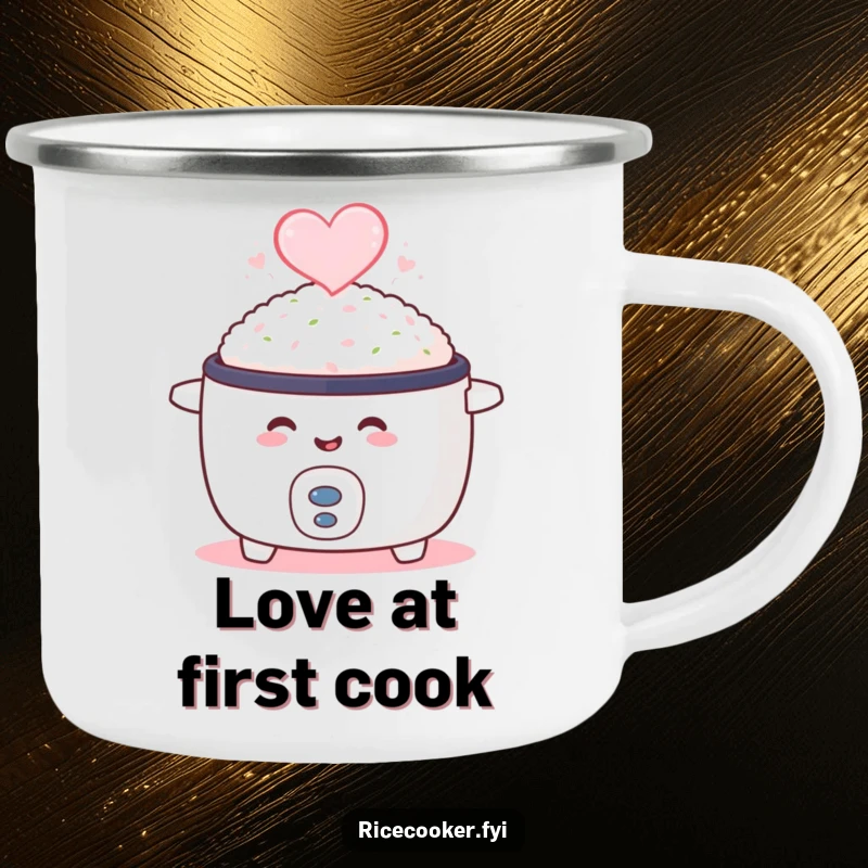Funny camping mug with a smiling rice cooker emitting heart-shaped steam, perfect for outdoor meals and humorous moments.