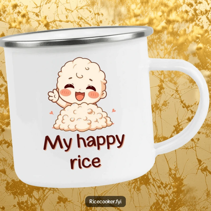 Funny Camping Mug showing a character enthusiastically gesturing towards a fluffy mound of rice, perfect for outdoor foodie fun.