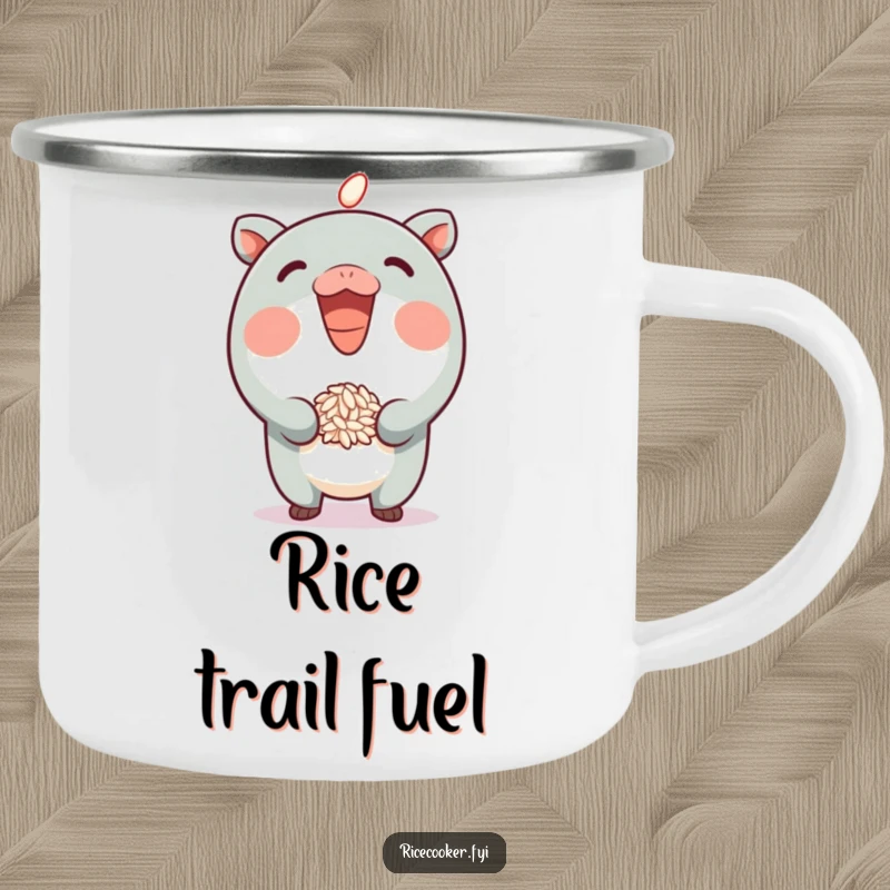 Funny Camping Mug showing a grinning character balancing a grain of rice on its spout, ready for outdoor fun and laughter.