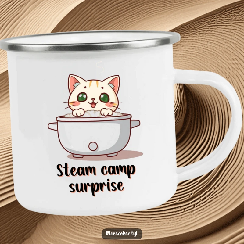 Funny surprised cat peeking over a steaming rice cooker lid, steam swirling, a durable and funny camping mug.