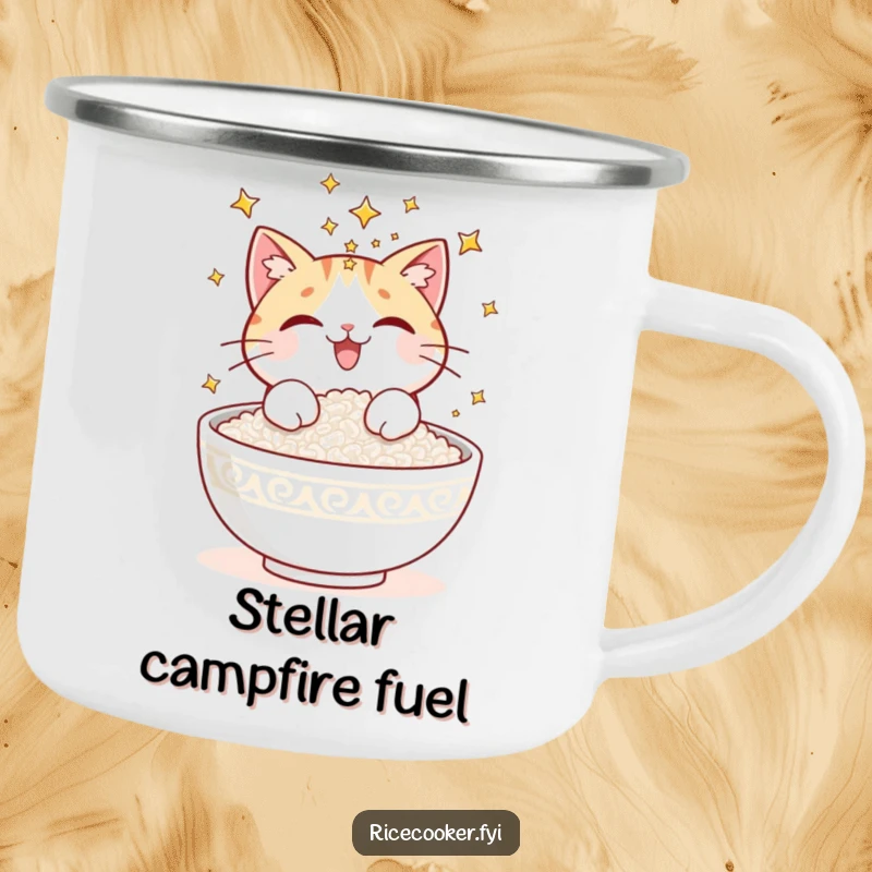 Funny camping mug featuring a delighted cat sprinkling glowing stars onto a bowl of rice, ready for a cosmic campfire brew.