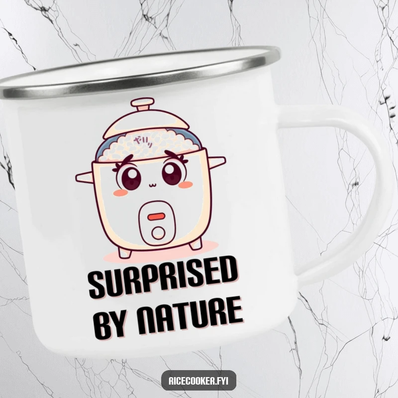 Funny rice cooker camping mug featuring a surprised appliance with wide eyes and a popping lid, for outdoor use.