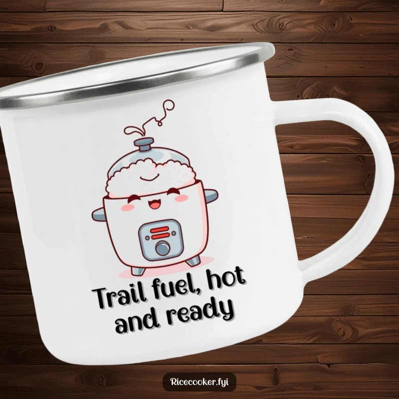 Funny camping mug with a mischievous rice cooker emitting contented steam, ideal for outdoor use and humorous enjoyment.