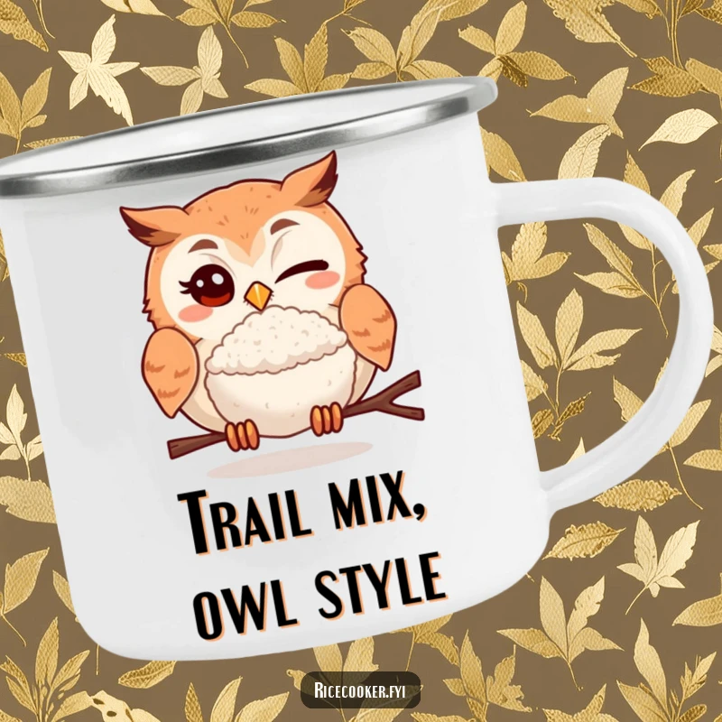 Funny camping mug with a winking owl offering a perfectly cooked rice ball, great for outdoor enthusiasts who appreciate humor.