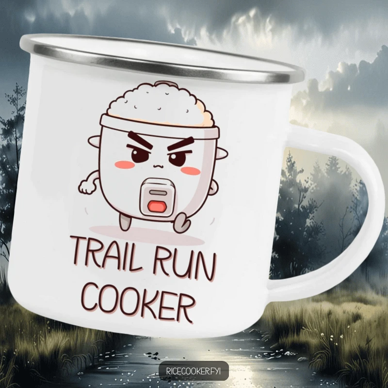 Funny enamel camping mug showing a determined rice cooker with legs, comically running, perfect for adventurous cooks.