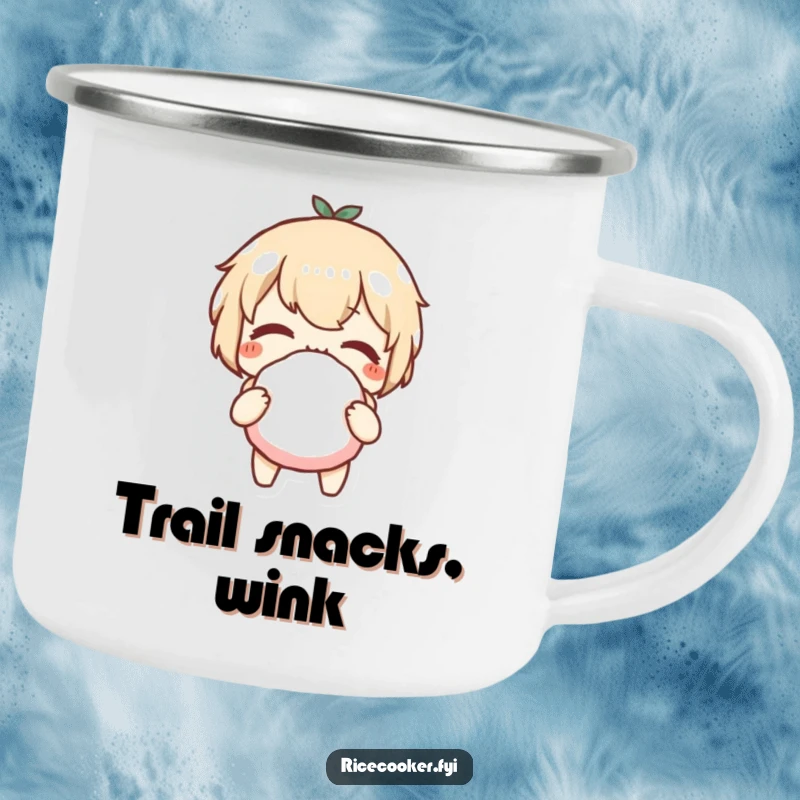 Funny camping mug with a character winking playfully while holding a rice ball, ideal for enjoying drinks during outdoor activities.