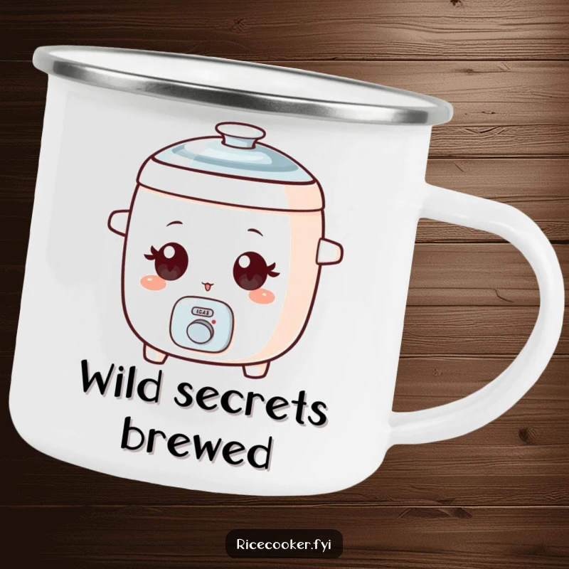Funny camping mug of a small rice cooker with wide eyes playfully winking in an outdoor setting.