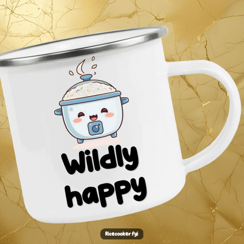 Funny rice cooker camping mug, happy appliance bouncing with steam erupting, energetic outdoor gear.
