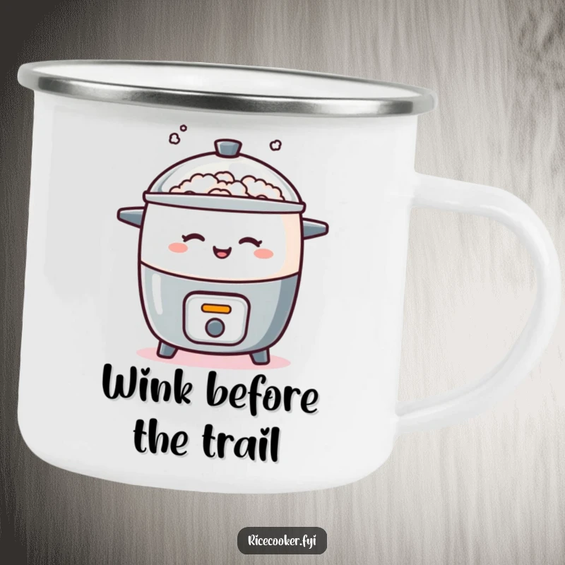 Funny camping mug with a rice cooker playfully winking and puffing steam, ideal for outdoor use and humorous enjoyment.