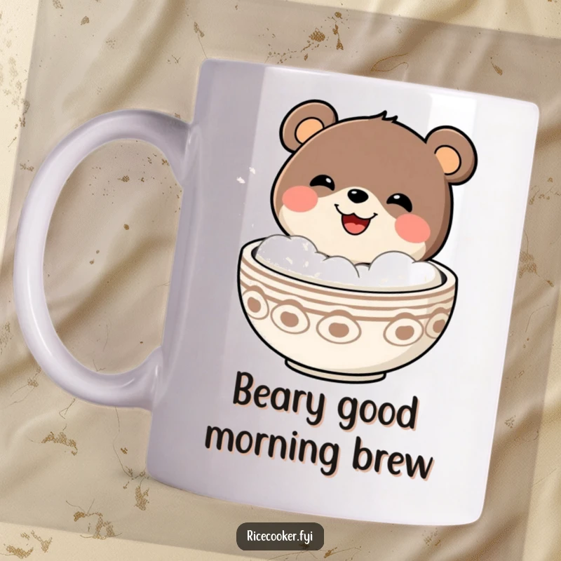 Funny cheerful bear emerging with a huge grin from a steaming bowl of soup or ramen on a mug.