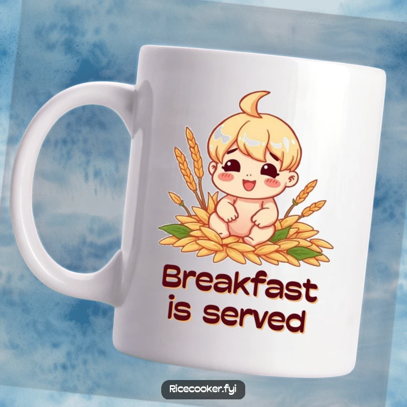 Funny mug of a cheerful character sitting happily surrounded by perfectly cooked grains, symbolizing satisfaction.