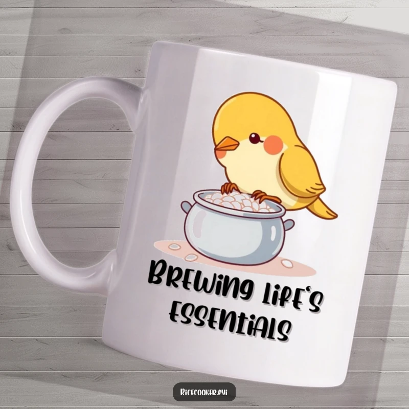 Funny determined bird carefully tending a small, bubbling pot of rice on a mug, showcasing culinary focus.