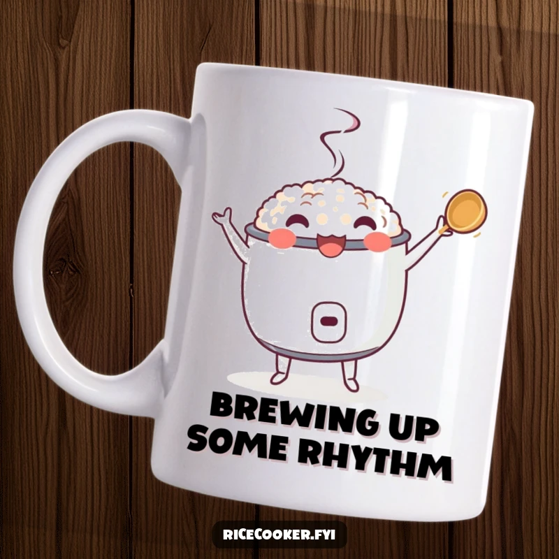 Funny mug showing an energetic rice cooker dancing with a happily twirling ladle, a joyful and humorous kitchen character.