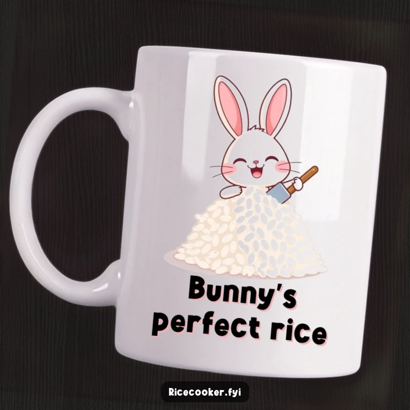 Funny joyful bunny patting a mound of rice with a tiny spatula, celebrating culinary creation, cute and funny.