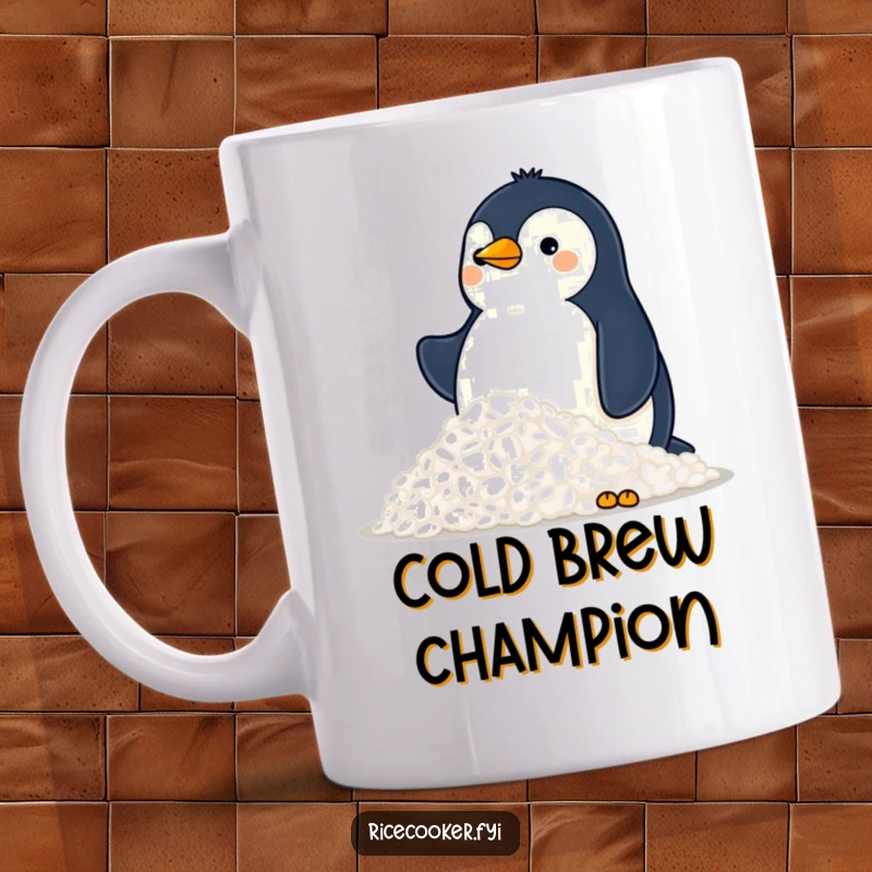 Funny mug with a proud penguin surveying a huge, fluffy mountain of rice, expressing a sense of accomplishment and delight.
